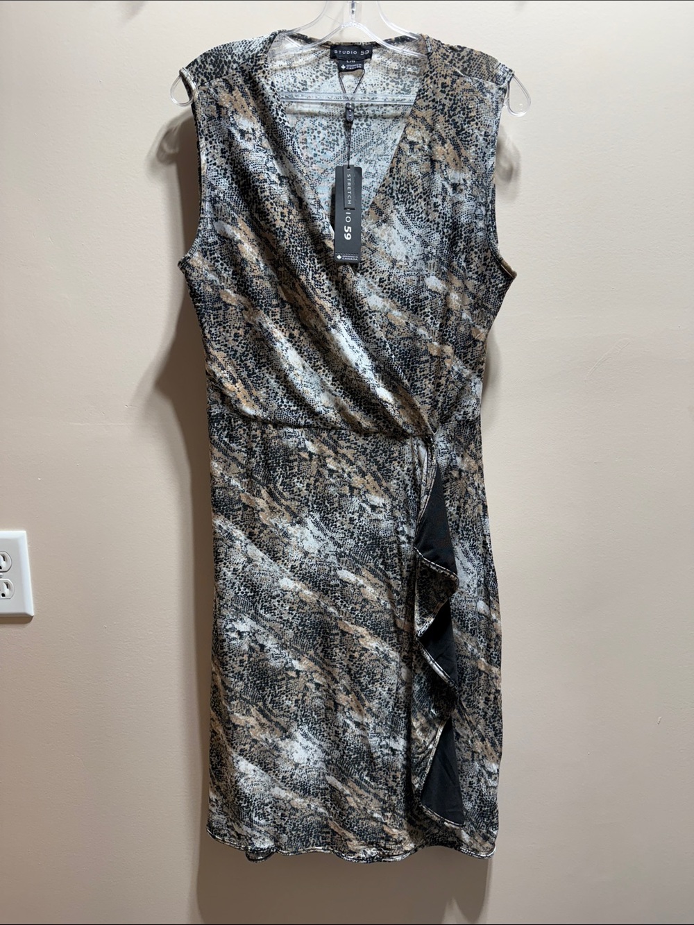 Studio 1940 Sleeveless Snake-Print Wrap-Style Midi Dress in Black and Tan
